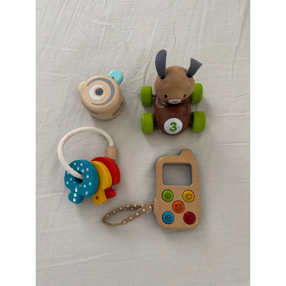 PlanToys Wooden Baby Toy Lot of 4 Bunny Racer, Music Shaker, Keys & Phone